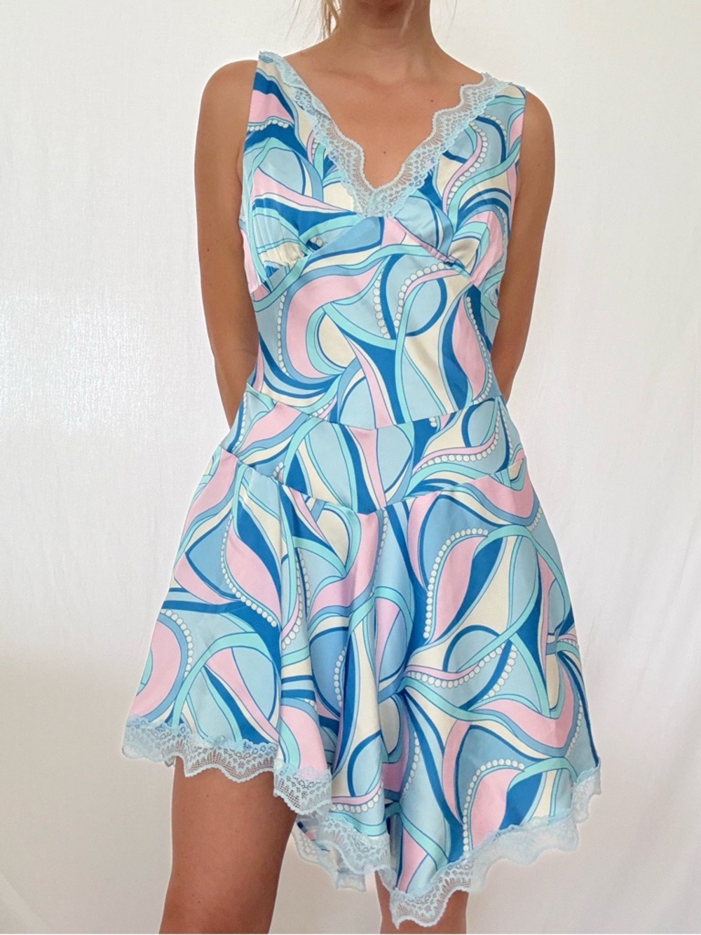 Avec Les Filles Pastel Blue, Pink & Cream Swirl Mini Dress with Lace Trim